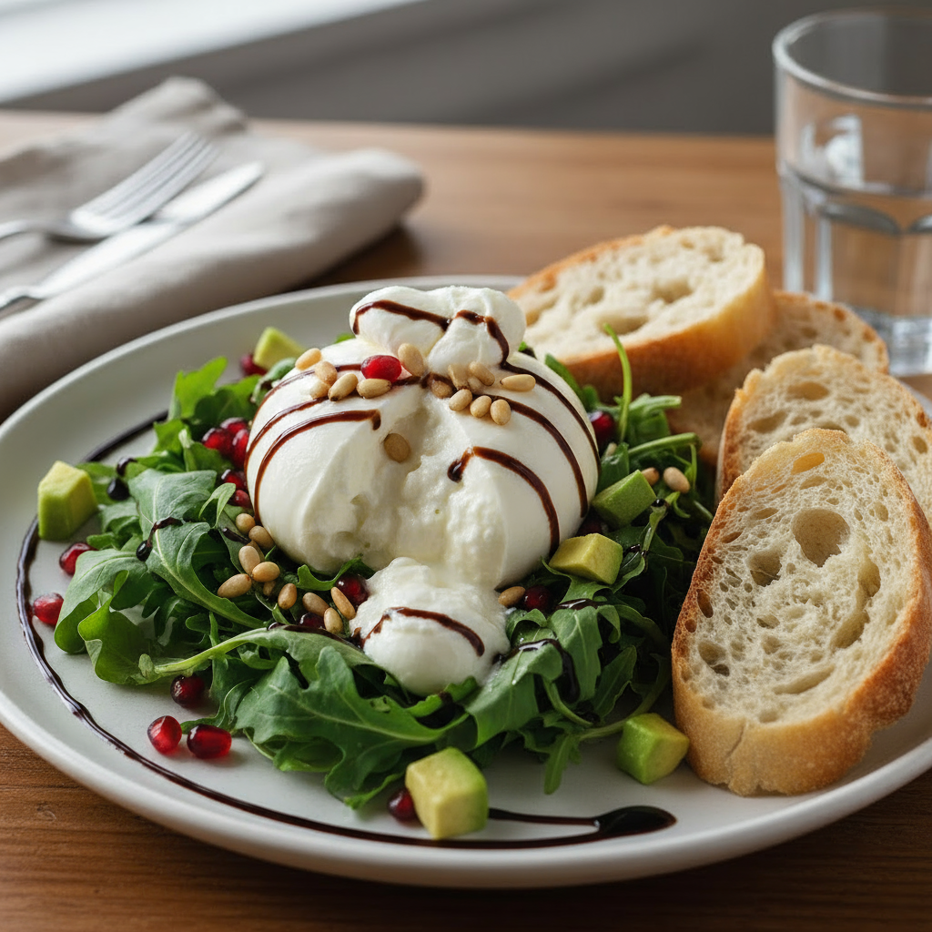 Rucola-Salat mit Burrata, Avocado und Granatapfel