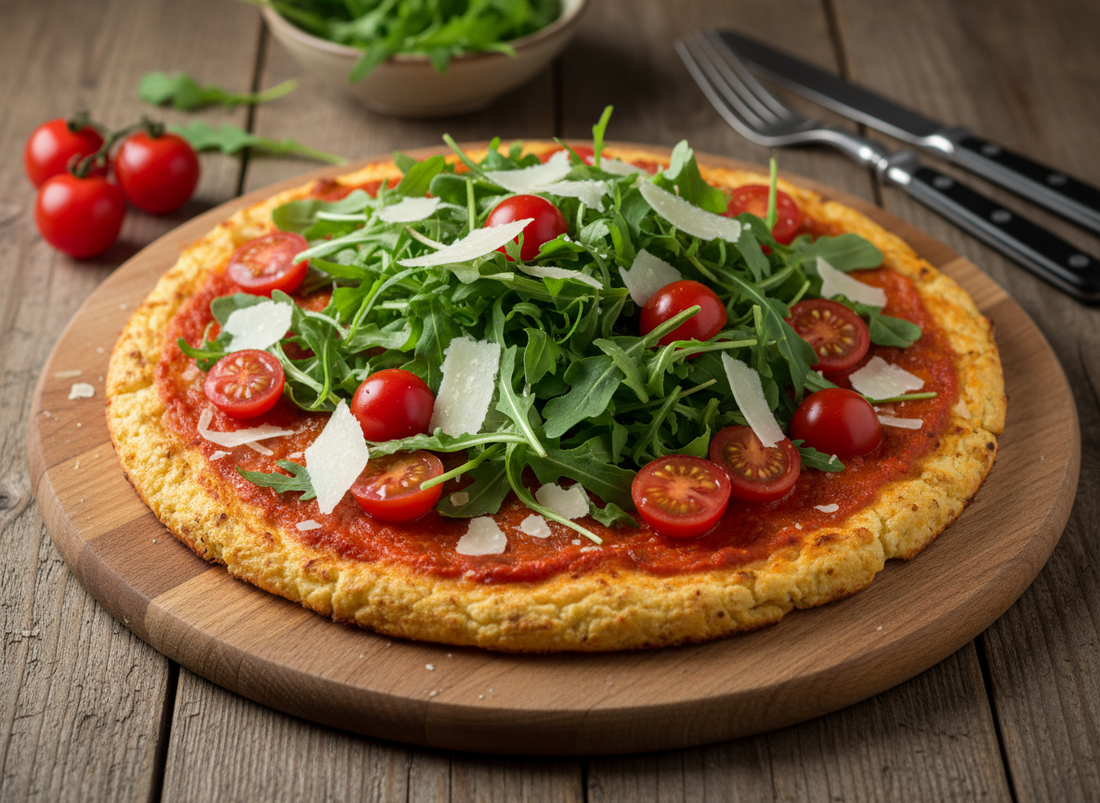 Low Carb Pizza mit Rucola und Tomaten
