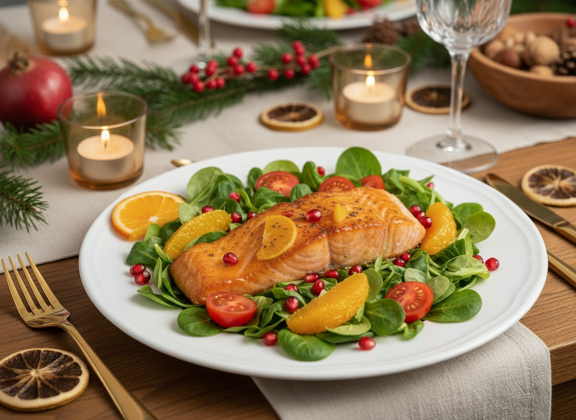 Orangen-Zimt-Lachs mit Feldsalat & Tomaten