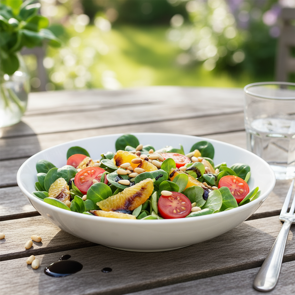 Feldsalat mit Orangen, Cherry-Tomaten und Pinienkernen