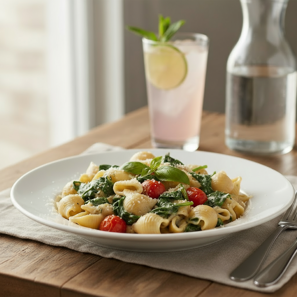 Pasta mit Spinat, Cherry-Tomaten und cremiger Frischkäse-Soße