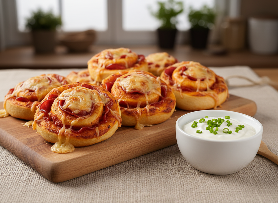 Salami-Pizzaschnecken mit Sauerrahm-Dip