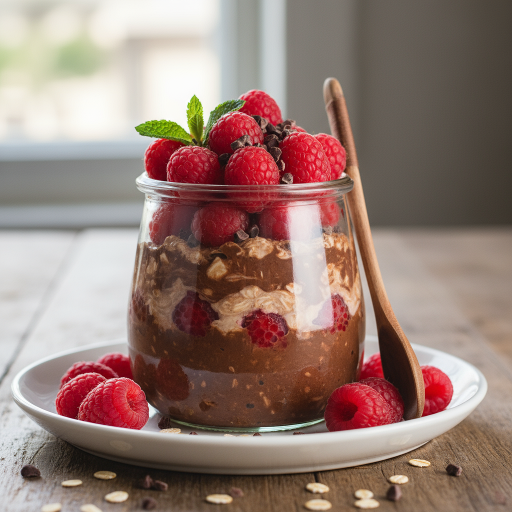 Schoko-Overnight-Oats mit Himbeeren