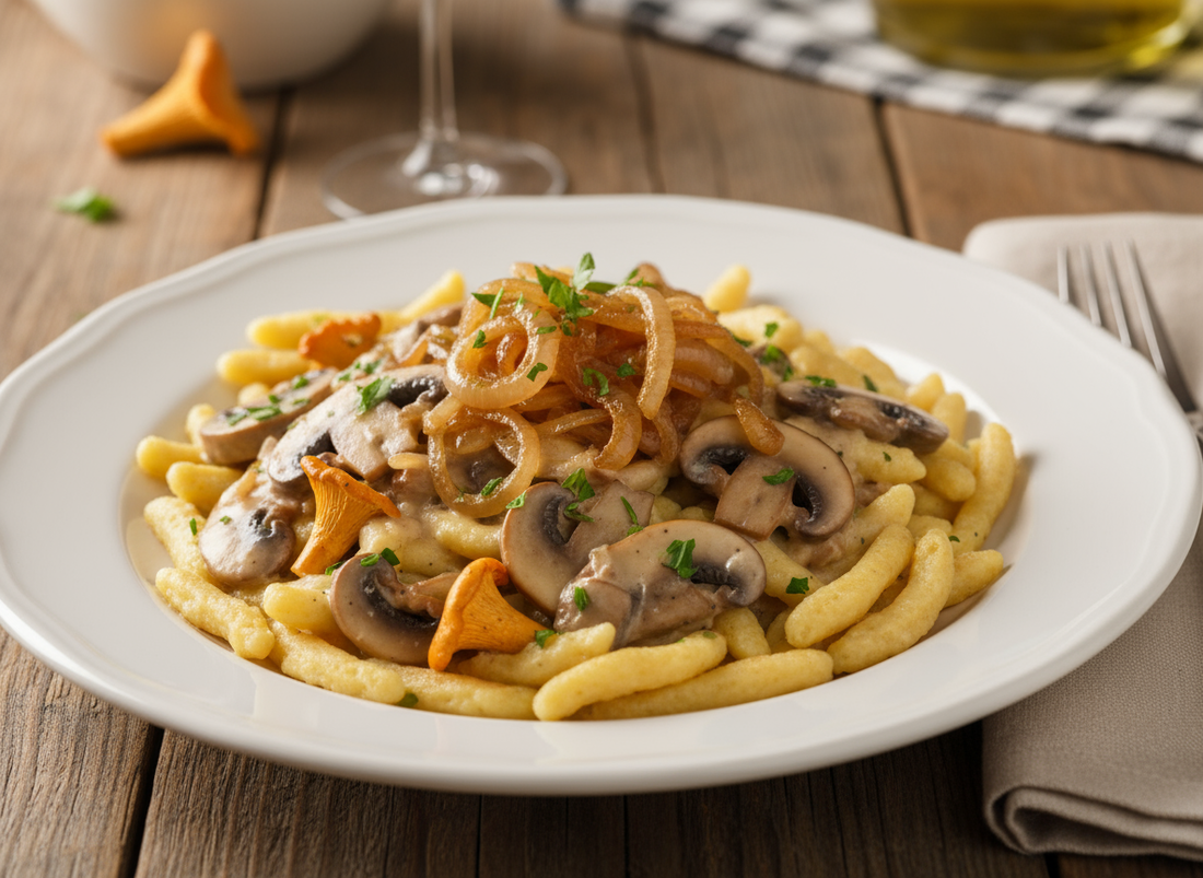 Spätzle in Rahm-Champignons mit geschmorten Zwiebeln